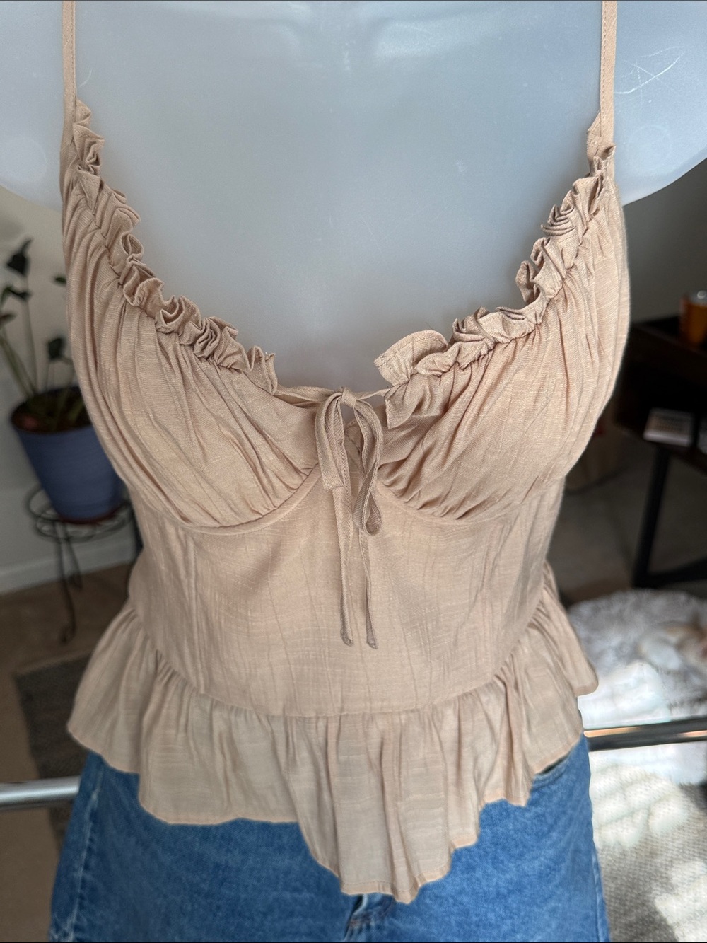 Lee Beige Ruched Bust Peplum Cami Top Tie Front Cottagecore
